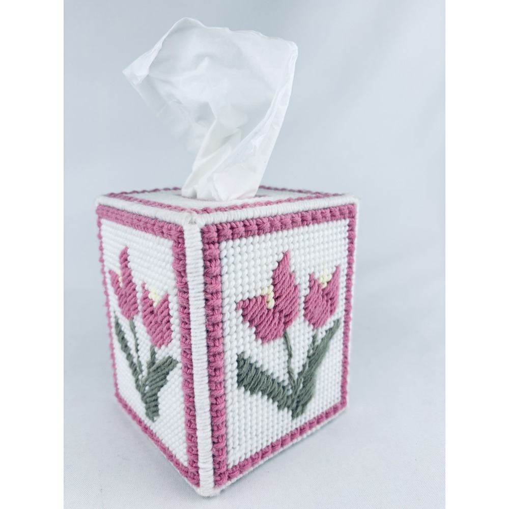 Vintage Knitted Stitched Crochet Pink Floral Tissue Box Cover Handmade Tulip